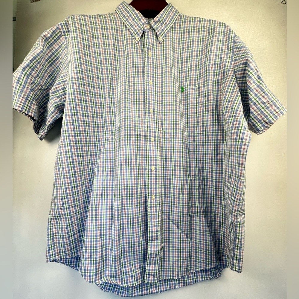 Ralph Lauren Shirt‎ Mens XL Blue Pink Plaid Short Sleeve Green Pony